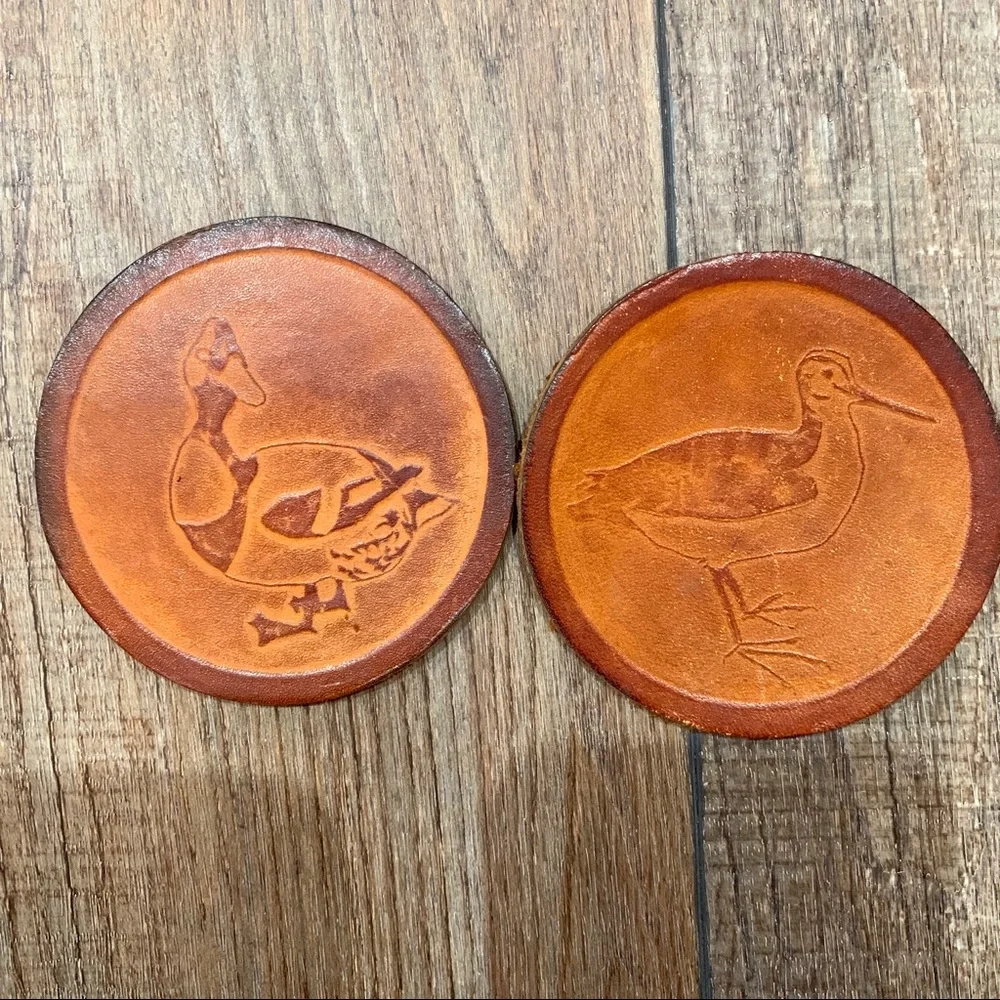 Vintage Fish Enterprises Leather Bird Embossed Drink Coasters Duck Mallard Bar